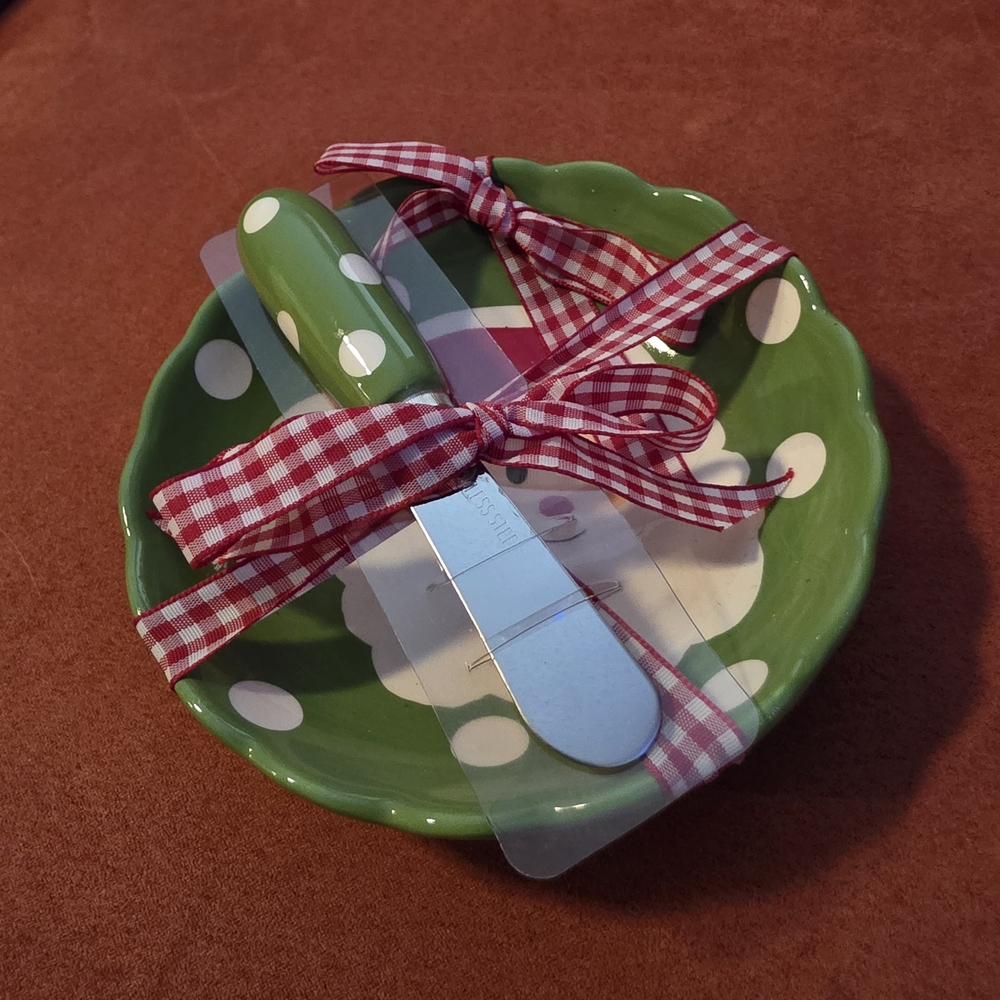 Green Polka Dot Ceramic Dish with Spreader